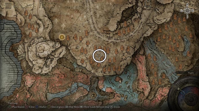 A map screen from Elden Ring's Shadow of the Erdtree expansion showing the location of the Beast Claw in Gravesite Plain