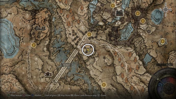 A map screen from Elden Ring's Shadow of the Erdtree expansion showing the location of the Firespark Perfume Bottle in Gravesite Plain