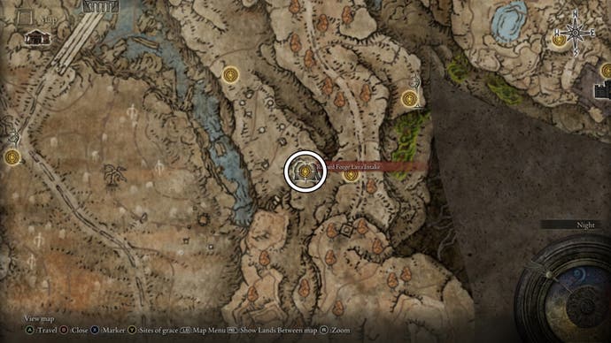 A map screen from Shadow of the Erdtree showing the location of the Ruined Forge Lava Intake in Gravesite Plain.