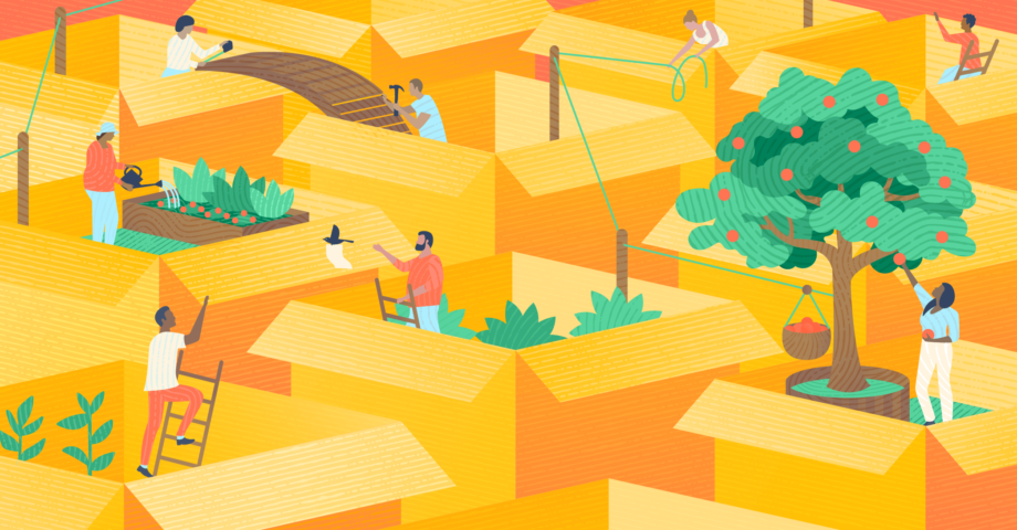 Illustration of people collaborating to cultivate plants, build bridges, and communicate