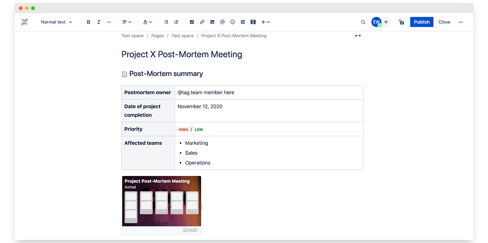 Confluence Post Mortem Screenshot