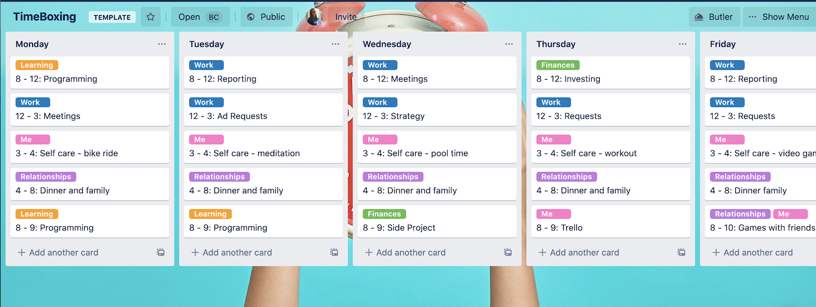 screenshot of timeboxing Trello board