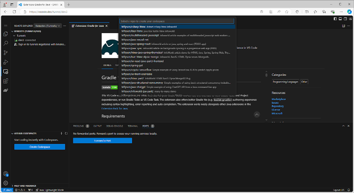 A screenshot of the VSCode.dev online browser.