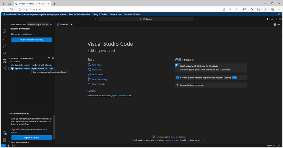 A screenshot of the VSCode.dev online browser.