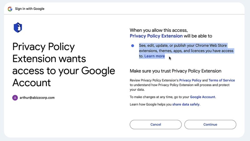 Fig 2. Fake Privacy Policy Extension requesting access to “edit, update or publish” the developer’s extension