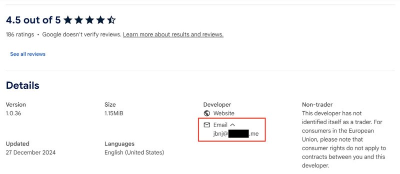 Fig 3. Contact details of extension developers are publicly available on Chrome Store