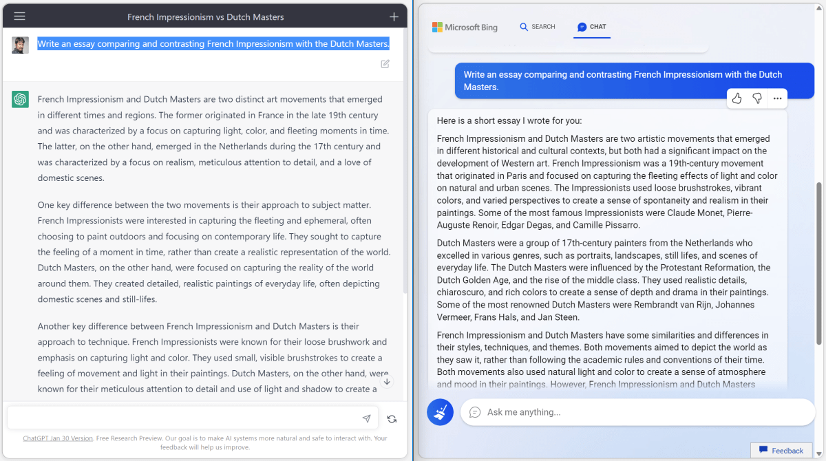 ChatGPT versus Bing in art essay