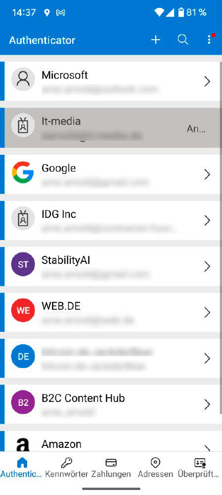 Diese Authentifizierungs-App liefert für registrierte Dienste das entsprechende Einmalpasswort (One Time Password). Es ist jeweils nur wenige Sekunden gültig, bevor die App ein neues ausgibt.