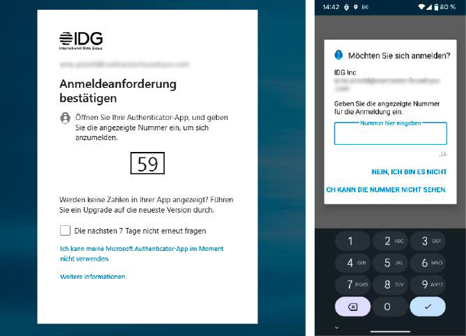 Hier sendet eine Website (links) eine Push-Benachrichtigung an die zugehörige App auf dem Smartphone. Dort muss der Nutzer nun die angezeigte Nummer eingeben, um sich in sein Konto einzuloggen.