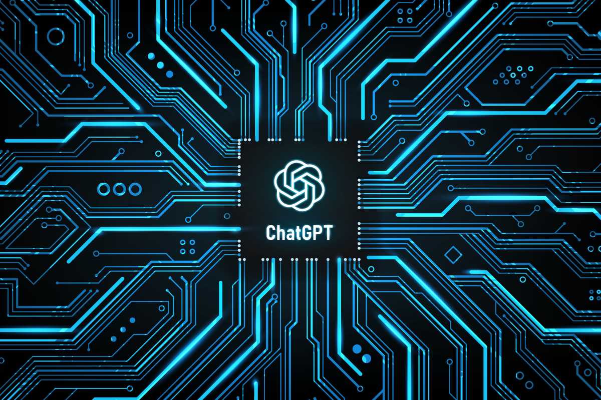 ChatGPT logo as AI artificial intelligence chip on a circuit board illustration hero