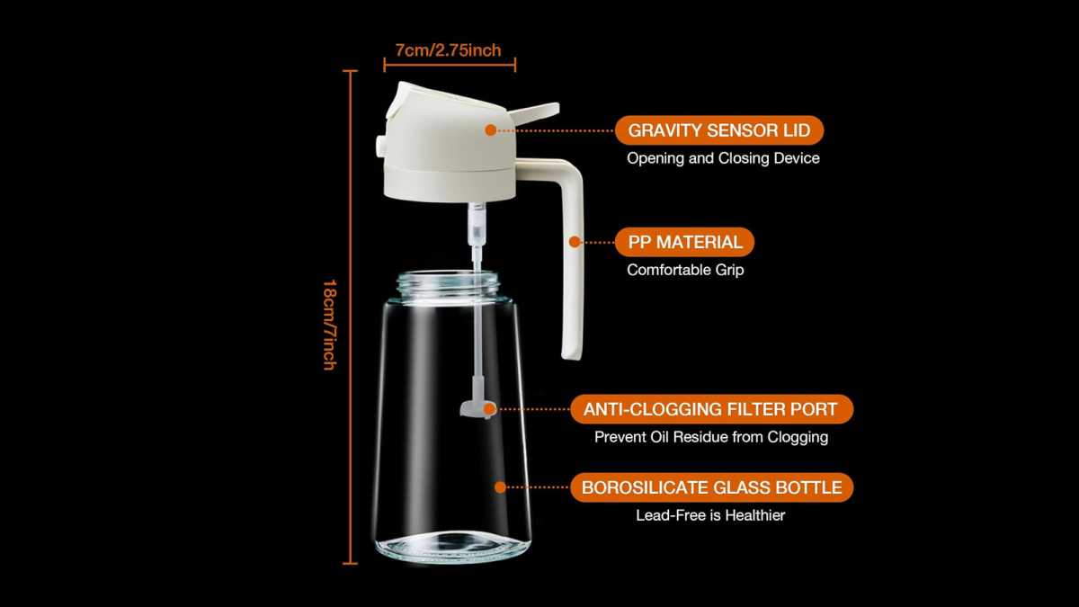 Annotated oil spray bottle, showing features