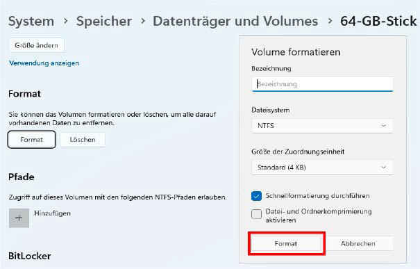 Vorsicht! Bei der Neuformatierung über die Einstellungen-App in Windows 11 fehlt jeglicher Warnhinweis, dass dieser Vorgang sämtliche Dateien auf dem Datenträger löscht.