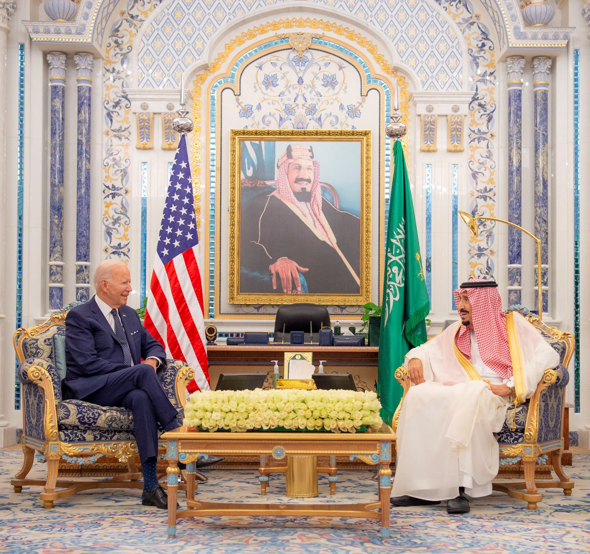 Saudi King Salman bin Abdulaziz receives U.S. President Joe Biden at Al Salman Palace upon his arrival in Jeddah, Saudi Arabia, July 15, 2022. Bandar Algaloud/Courtesy of Saudi Royal Court/Handout via REUTERS