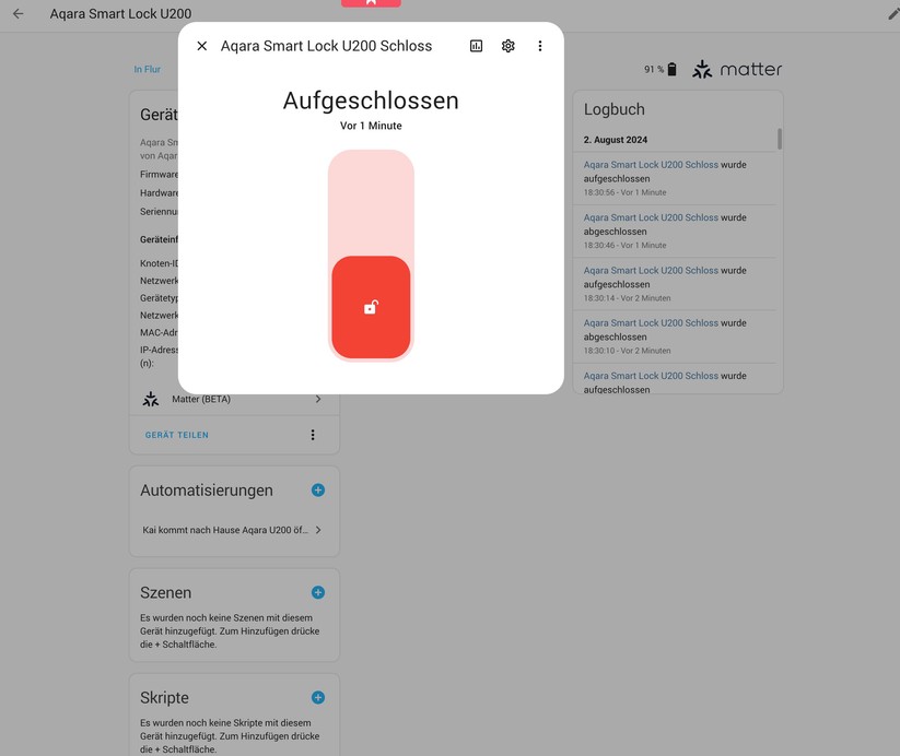 Aqara Smart Lock U200: Integration in Home Assistant