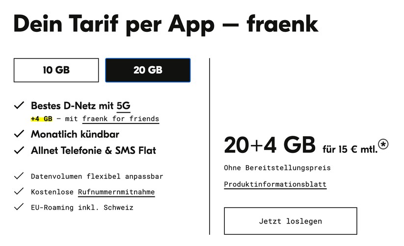 Telekom-Marke Fraenk bietet 24 GB für monatlich 15 Euro.