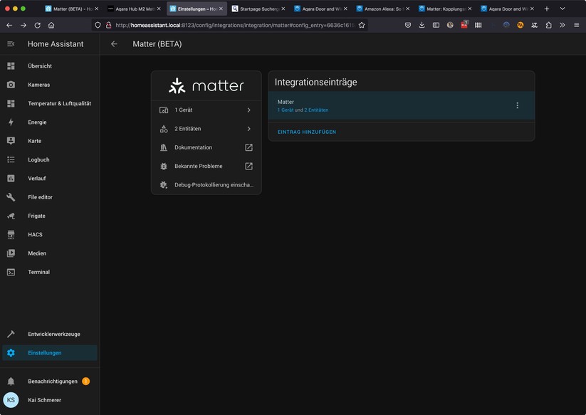 Home Assistant: Die Matter-Integration steht als Beta zur Verfügung. Neue Matter-Geräte muss man mit der App hinzufügen.