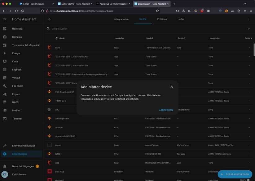Home Assistant: Die Matter-Integration steht als Beta zur Verfügung. Neue Matter-Geräte muss man mit der App hinzufügen.