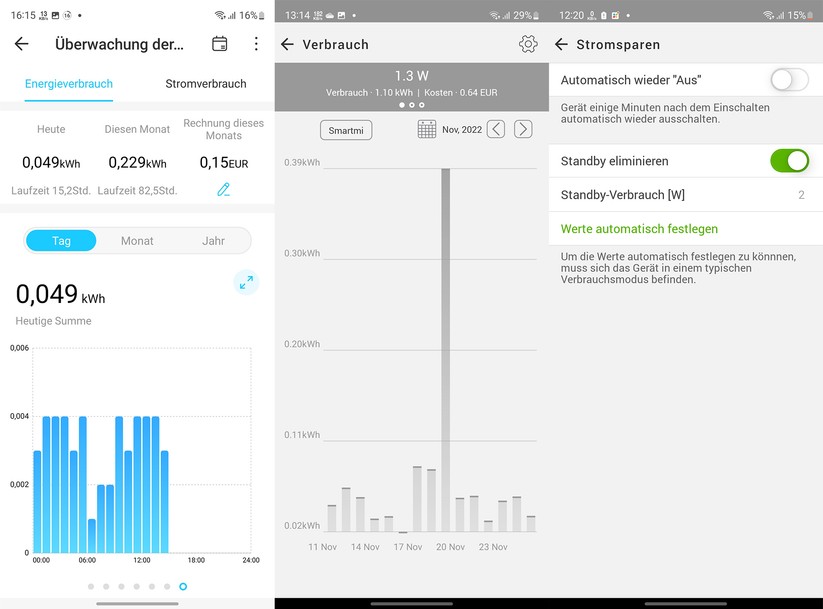 Einige Zischenstecker wie die Modelle von TP-Link und My Strom zeigen neben den Verbrauchswerten auch die Stromkosten an. Hierfür müssen Nutzer lediglich den aktuellen kWh-Tarif in der App eingeben. Mit der Option "Standby eliminieren" schaltet der Zwischenstecker von My Strom ab, sobald ein bestimmter Verbrauchswert unterschritten wird.