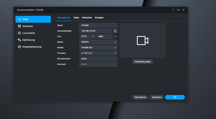 Instar IN-9408 2K+: Integration in Synology Surveillance Station