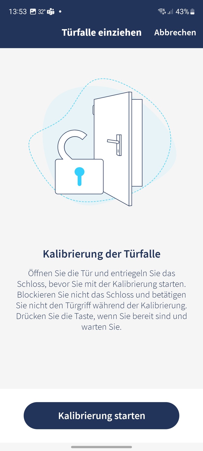 Tedee Go: Kalibrierung von Schloss und Türfalle. Für die Kalibrierung der Türfalle einfach auf "Kalibrierung starten" klicken. 