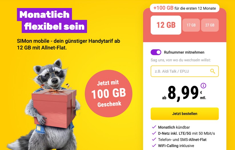 Die Vodafone-Marke Simon Mobile bietet 12 GB ab 9 Euro an – zusätzlich gibt es aktuell einmalig 100 GB extra.