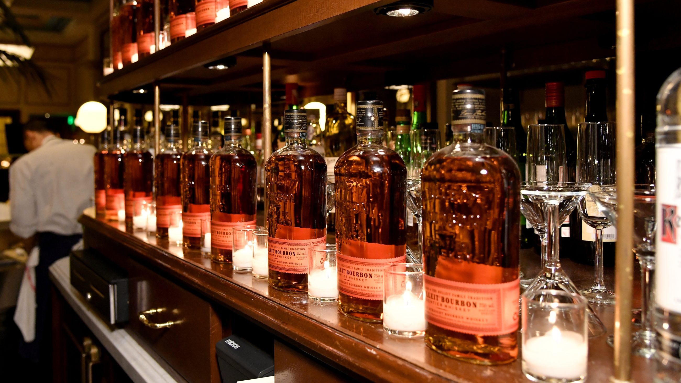 A lineup of Bulleit Bourbon bottles