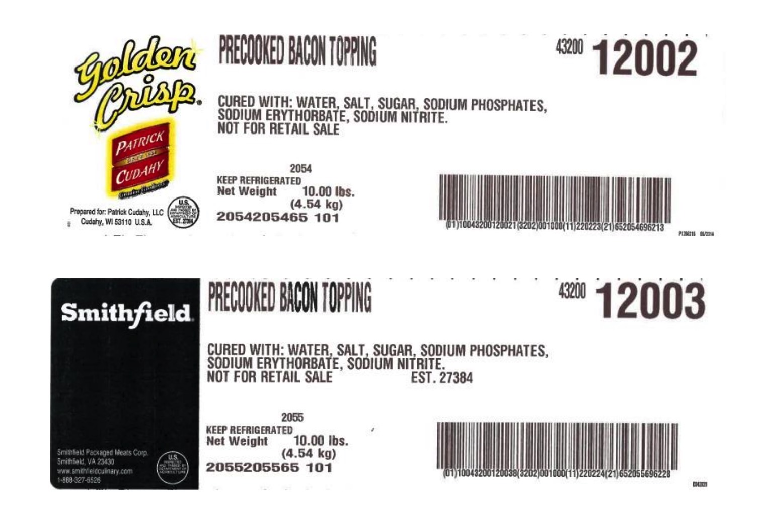 Smithfield bacon recall: Examples of labels.