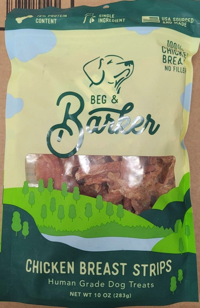 Stormberg chicken dog treats recall: Beg & Barker Chicken Breast Strips.