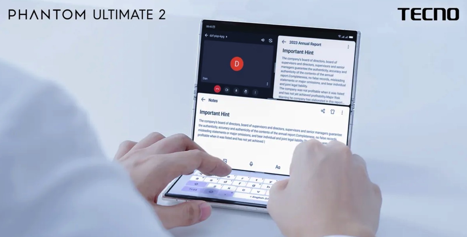 Using the Tecno Phantom Ultimate 2 tri-fold phone in laptop mode.