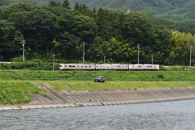 2024年6月22日撮影　飯田線と天竜川　544M　313系1700番台と釣りをする人の車