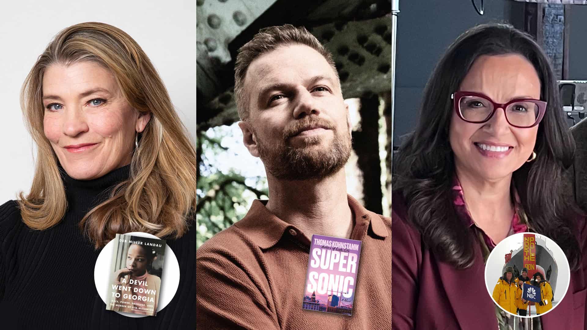 Three authors stand smiling, each holding a book. One displays "My Devil Went Down to Georgia," the second showcases "Supersonic," while the third shares the moment in their "NYC" shirt, all embodying a love for storytelling that communicates complex ideas.