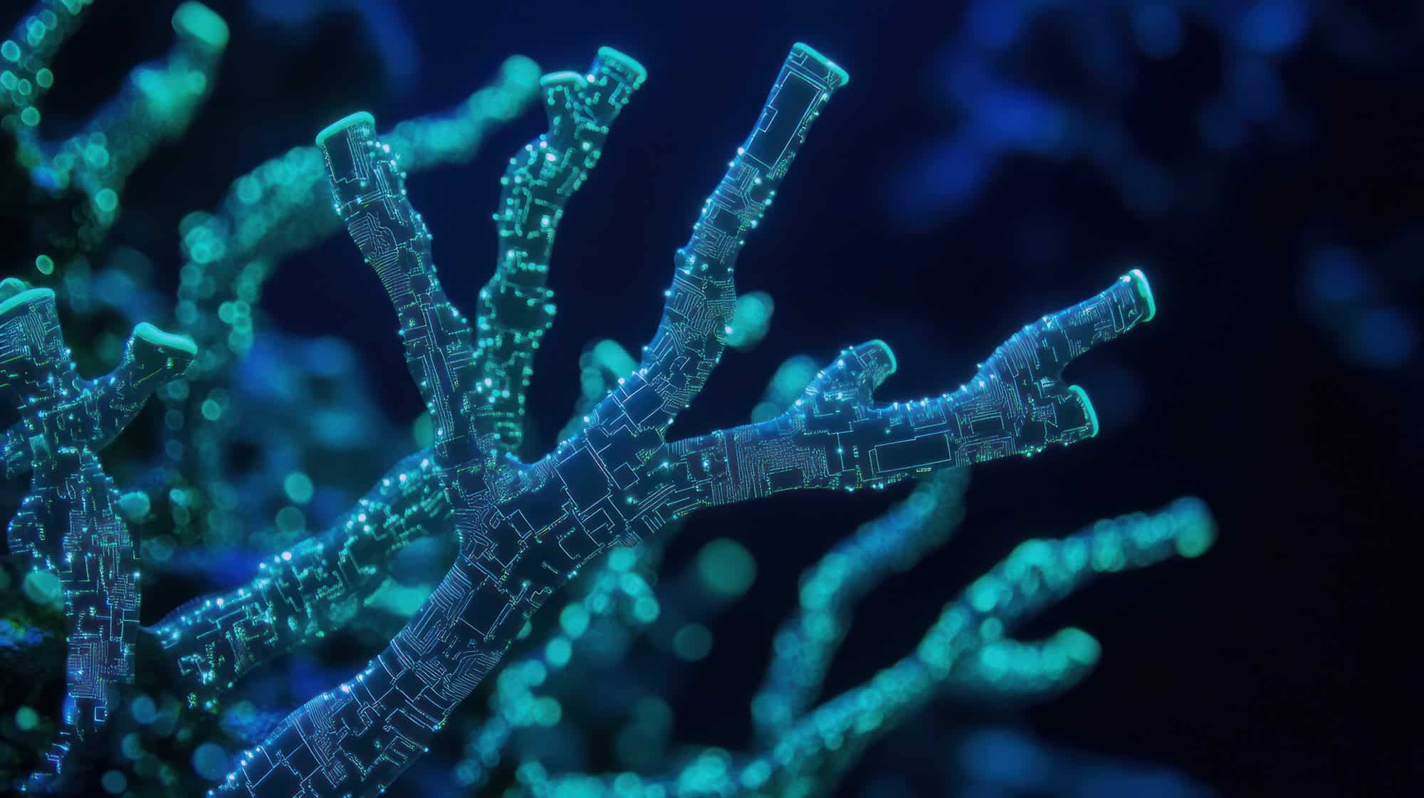 Glowing coral branches with circuit-like patterns against a dark blue background.