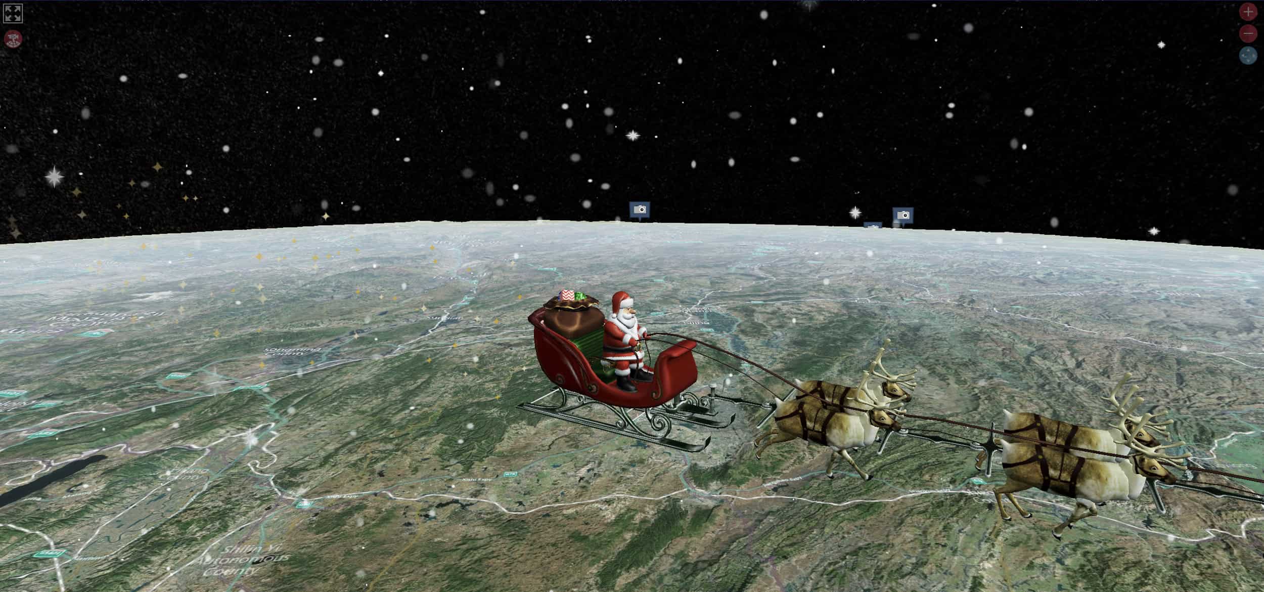 Illustration of Santa Claus in a sleigh pulled by reindeer, flying above a detailed map of Earth with a starry night sky.