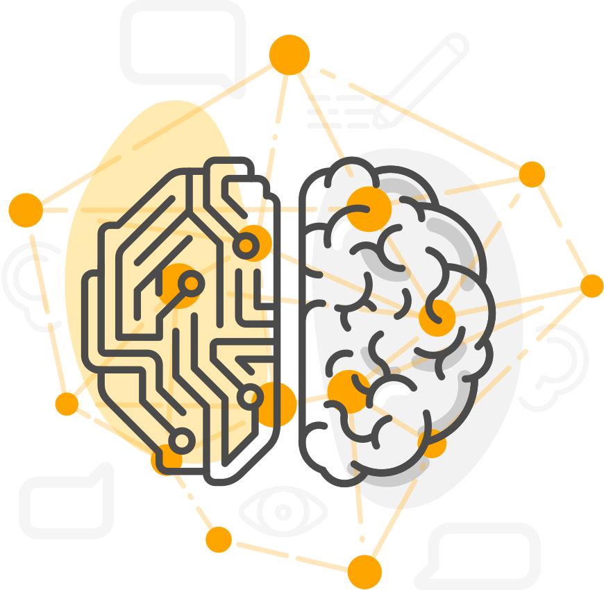 A line drawing of a human brain; the left side looks like a maze while the right side looks more human. Over the brain is a network of orange dots connected with solid and dotted lines.