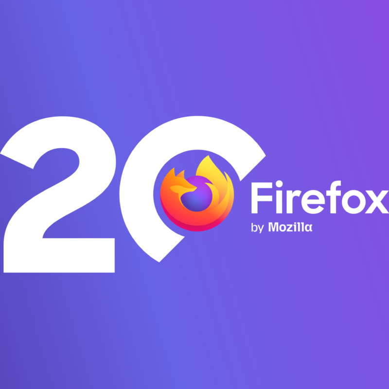 Firefox 20th anniversary logo with a purple background, showing a large number 20 with the Firefox logo inside the zero, next to the words 'Firefox by Mozilla.'