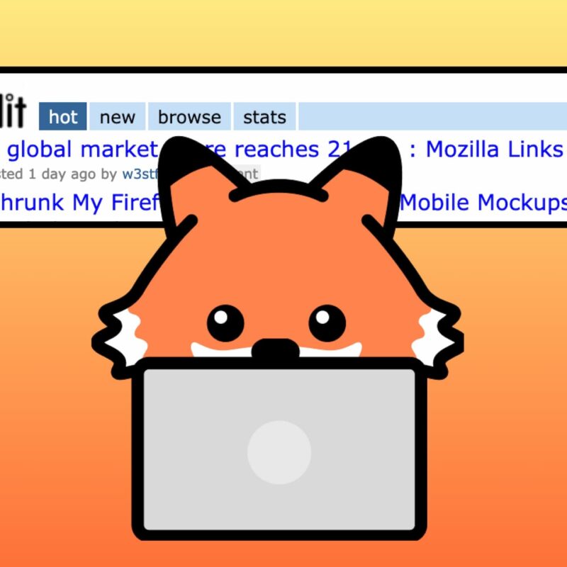 Illustration of a cartoon Firefox character looking over a laptop, with a Reddit page in the background showing Firefox-related posts. The backdrop is a gradient orange.