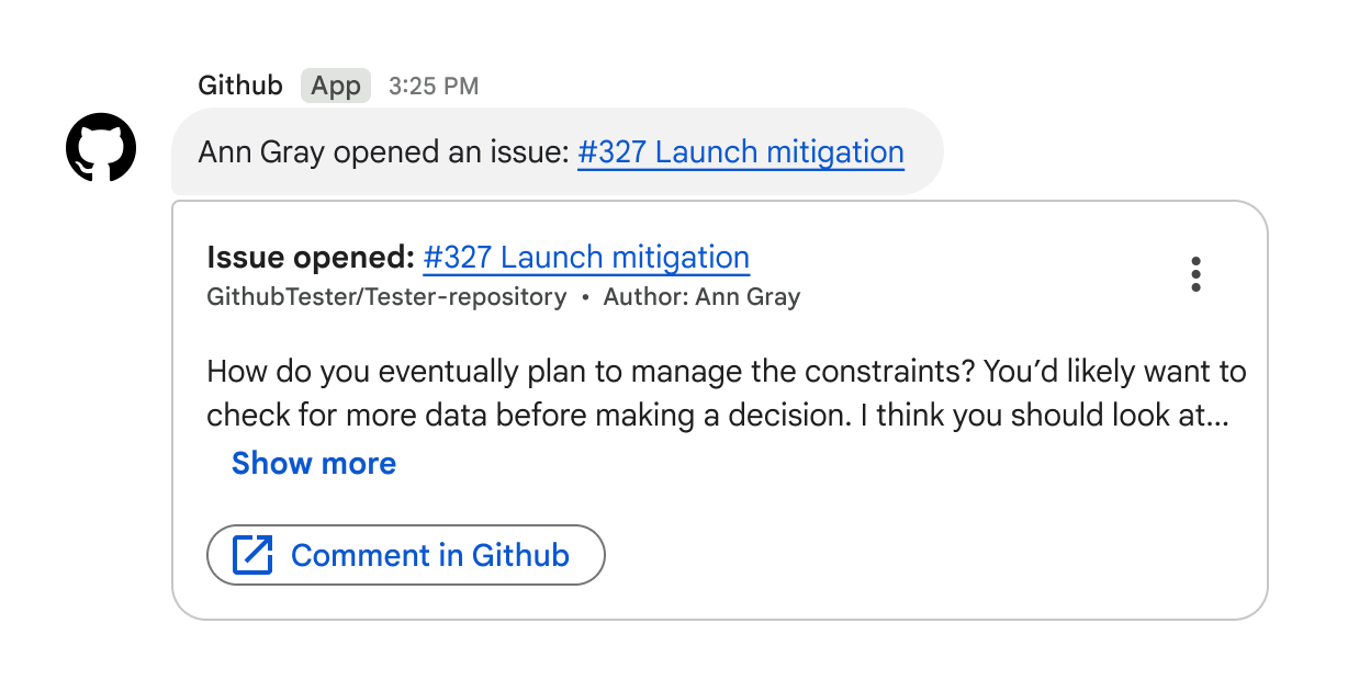 GitHub app in Google Chat