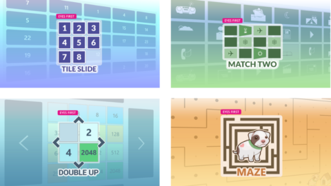 Four tiles showing Eyes First games: Tile Slide, Match Two, Double Up, and Maze.