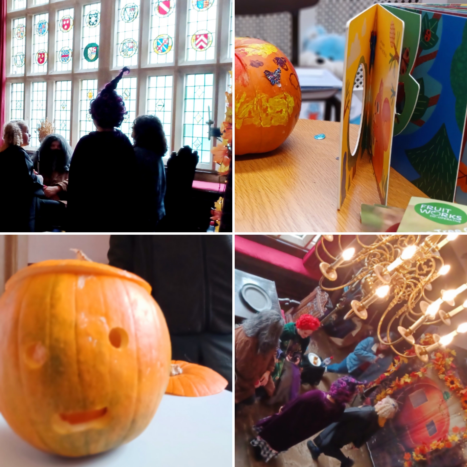 Collage of images - witches in front of the window and pumpkins