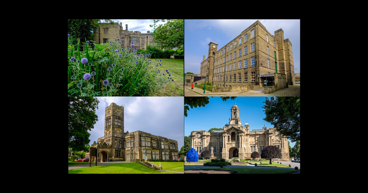 A view of all 4 site - clockwise from left is Bolling Hall, Bradford Industrial Museum, Cartwright Hall and Cliffe Castle