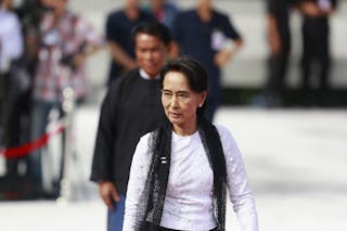 Myanmar's pro-democracy leader Aung San Suu Kyi attends an event marking the anniversary of Martyrs' Day at the Martyrs' Mausole