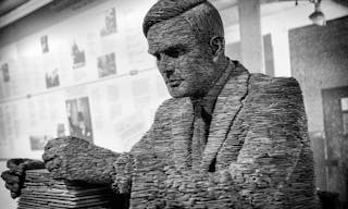 London, England - June 21, 2015: Slate statue of Mathematician Alan Turing at Bletchley Park, Bletchley, Milton Keynes, Britain