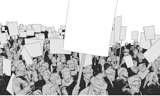 Line art illustration of crowd protest with blank signs and banners