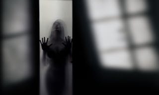 Silhouette of the female alien behind the glass door in the dark interior with shadows