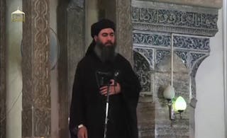 Still image taken from video of a man purported to be the reclusive leader of the militant Islamic State Abu Bakr al-Baghdadi ma