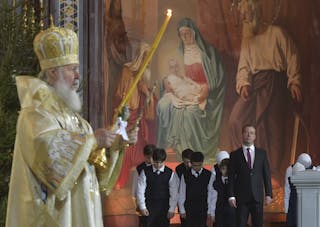 Russian Prime Minister Dmitry Medvedev and Patriarch of Moscow and All Russia Kirill attend Orthodox Christmas service in Moscow