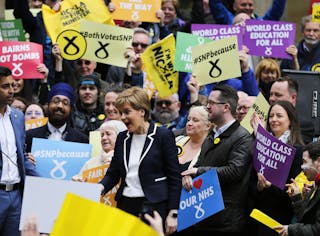 SNP Leader and First Minister Nicola Sturgeon campaigns  at the Buchanan Street steps in Glasgow city centre on the eve of the S