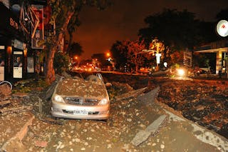 Wreckage of a damaged car is pictured after an explosion in Kaohsiung