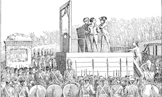 Portrait in which soldiers surrounding a hanging stage , vintage line drawing or engraving illustration.