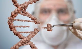 Scientist is replacing part of a DNA molecule. Genetic engineering and gene manipulation concept.